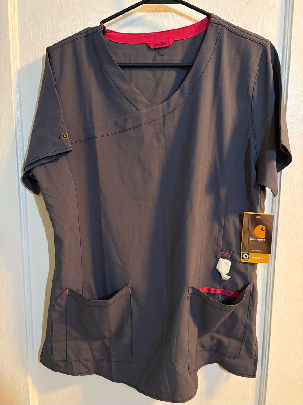 Carhartt Women's Gray Scrub Top with Pink Trim